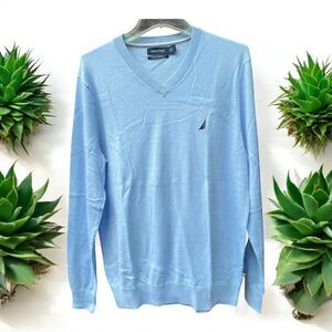 Nautica Men’s V-Neck Sweater M Baby Blue Cotton Modal Lightweight Luxury NWT